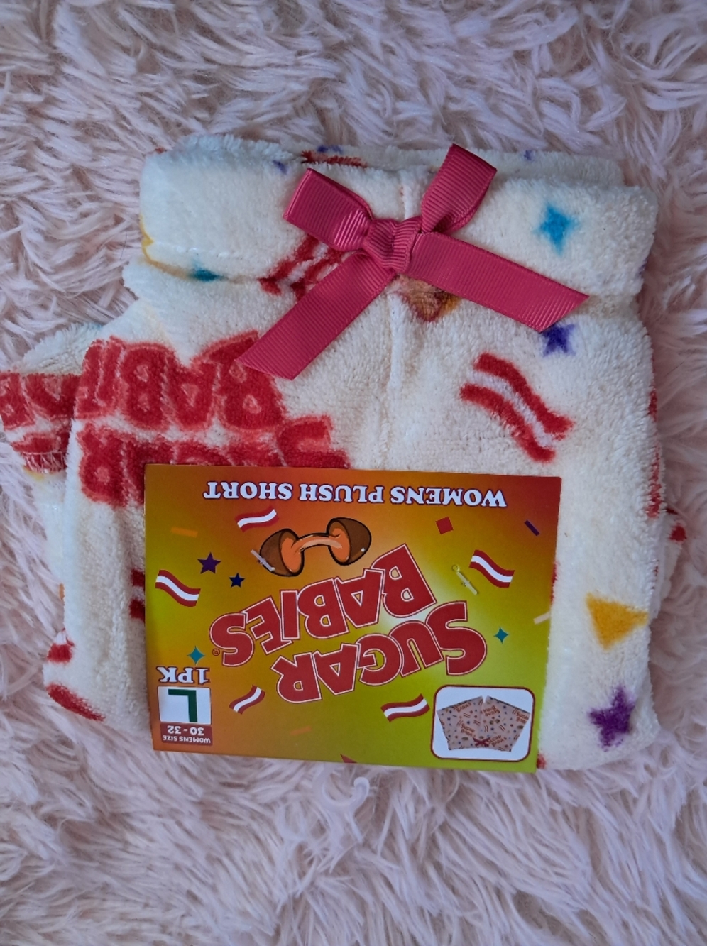 Hot Topic Sugar Babies Plush Loungewear Shorts with Pink Bow & Colorful Stars